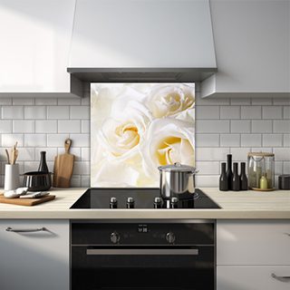 Close up of elegant white rose heads glass splashback. thumbnail