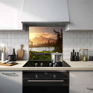 Misty mountain and forest view with lake and wooden walkway glass splashback. thumbnail