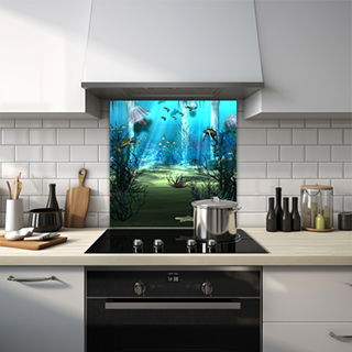 Underwater image showcasing jellyfish, turtle, sea plants, dolphin, fish, and sea bed glass splashback. thumbnail