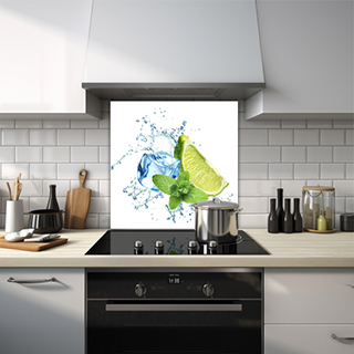 Lime, ice cube, and mint splashed with water glass splashback. thumbnail