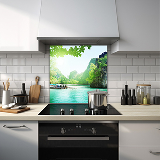 Glass splashback of a boat on a tropical lagoon with clear blue waters. thumbnail