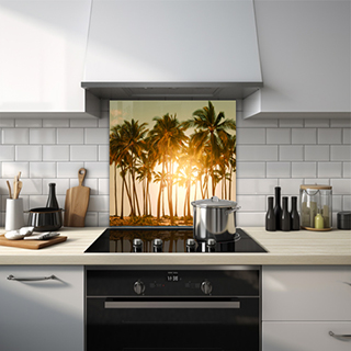 Tall palm trees with a backdrop of sunset glass splashback. thumbnail