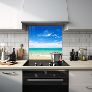 Calm ocean scene with waves on a beach glass splashback. thumbnail