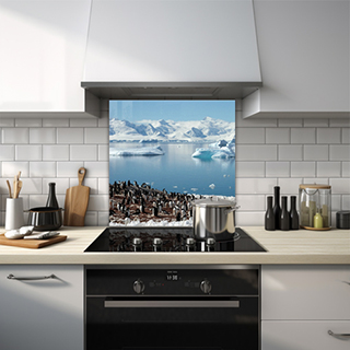 Colony of penguins on Arctic glaciers with snowy mountains and cold lake glass splashback. thumbnail