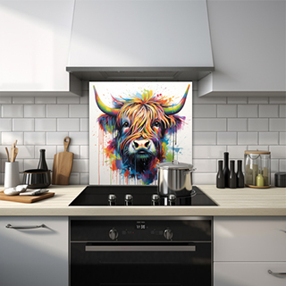 A very colourful glass splashback of a highland cow on a solid white background