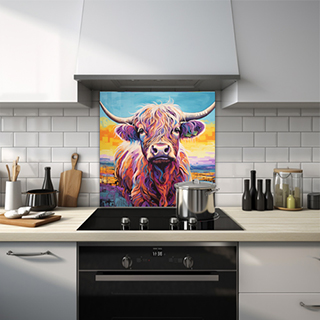 A glass splashback feauting a very colourful and vibrant oil painting of a highland cow. Colour tones in the background make up the artwork of the gla
