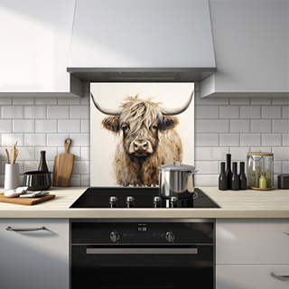 Cute highland cow on a light beige background. The image is printed on a kitchen glass splashback
