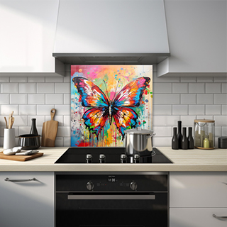 A neutral-coloured painted butterfly with a dripping paint effect on a glass kitchen splashback.

 thumbnail