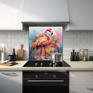 Flamingo standing on a vibrant colour splash background on a printed glass kitchen splashback.

 thumbnail