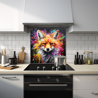Fox on a dark background with vivid painted splashes on a printed glass kitchen splashback.

 thumbnail