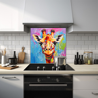 Pink giraffe painted art on a printed glass kitchen splashback, embodying cheerfulness and whimsy.




 thumbnail