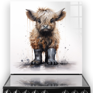 Maisy The Highland Cow Splashing in Mud Glass Splashback