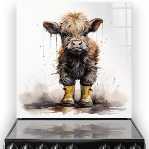 Isla Muddy Highland Cow with Yellow Wellies Printed Splashback
