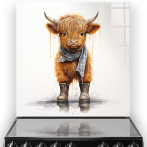 Illustration of Alasdair the Highland Calf on a kitchen splashback, with a russet fur, wearing grey wellies and a light grey scarf, standing against a