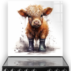 A kitchen splashback illustration featuring Maisie the Highland Calf with amber fur and wearing navy blue wellies, against a white background splatter