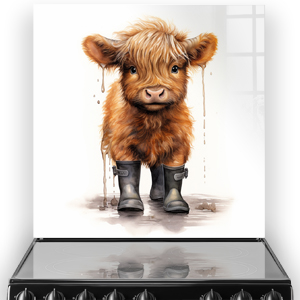 Illustration on a kitchen splashback displaying Douglas the Highland Calf, with a rich caramel coat and dark grey wellies, against a backdrop of white