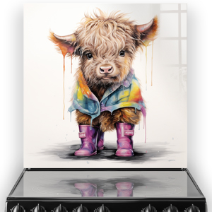 Vibrant kitchen splashback illustration featuring Flip the Highland Calf with a fluffy beige coat, sporting purple wellies and a colorful raincoat, ag