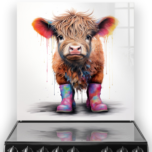 Kitchen splashback featuring Jessie the Highland Calf with a fluffy, colorful coat and tie-dye wellies, against a white background with vibrant paint 