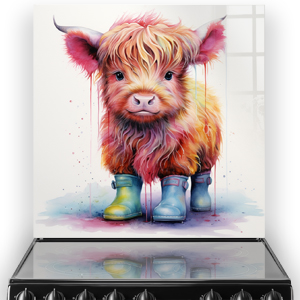 Artistic kitchen splashback showing Sadie the Rainbow Highland Calf with a gradient of sunset hues in her fur, wearing yellow and blue wellies, set ag