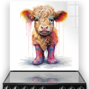 Illustration of Mattie the Highland Calf on a kitchen splashback, featuring a warm fur palette and standing in vibrant pink wellies, against a white b