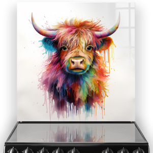 Colorful kitchen splashback illustration displaying Evie the Highland Bull with a vibrant, multicolored fur coat, set against a white background with 