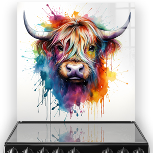Dynamic kitchen splashback art of Sapphire the Highland Cow, featuring a vivid explosion of colors across his face and horns, set against a stark whit