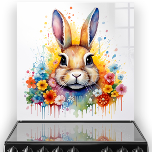 Colorful kitchen splashback design featuring Patches the Hare surrounded by a vibrant array of watercolor flowers, with a warm, sunny backdrop thumbnail