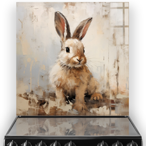 Sophisticated kitchen splashback art featuring Smokey the Rabbit with a soft, natural palette, set against an abstract, textured beige background. thumbnail