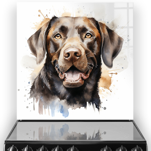 Printed Labrador dog splashback art in warm browns and creams with watercolour accents