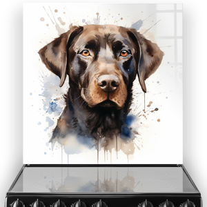 Artistic Chocolate Labrador printed glass splashback with colour splashes in brown and blue hues