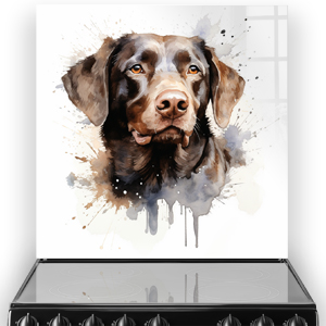 Artistic chocolate Labrador Retriever kitchen splashback with a watercolour effect on a white background