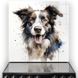Colourful Border Collie dog art on kitchen splashback
