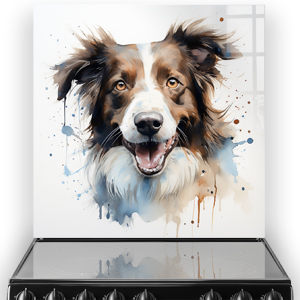 Colourful Border Collie painted splashback in a kitchen setting with blue and brown accents