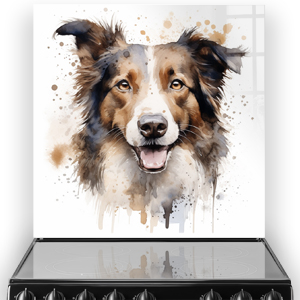 Printed Border Collie kitchen splashback with watercolour design in brown and taupe shades