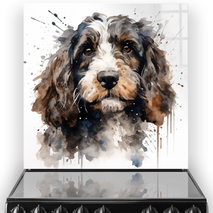Watercolour-style printed splashback featuring a charming spaniel dog with a mix of browns, greys, and soft blues