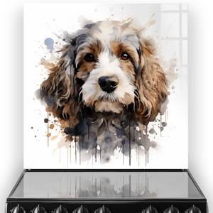 Printed Cocker Spaniel kitchen splashback art in watercolour style with beige, brown, and white tones