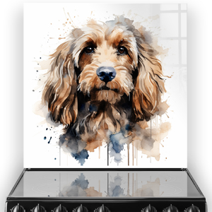 Cocker Spaniel printed kitchen splashback in watercolour style with brown and blue hues
