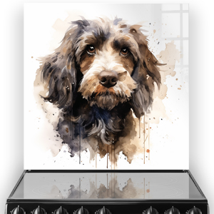 Artistic printed Cockapoo dog kitchen splashback in earthy watercolour tones
