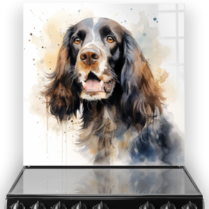 Watercolour illustration of a Cocker Spaniel on a kitchen splashback with warm and cool tone splashes
