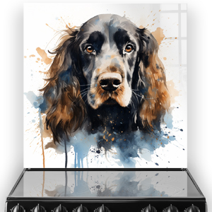 Artistic printed Cocker Spaniel splashback with watercolour design in shades of brown, cream, blue, and black