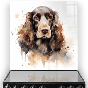 Watercolour Spaniel dog printed kitchen splashback in warm tones against a clean kitchen backdrop