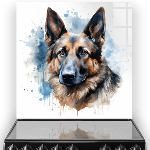 Artistically painted German Shepherd in blues and browns on kitchen splashback