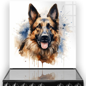 Watercolour German Shepherd printed kitchen splashback with vibrant colours and artistic drips