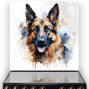 Artistic printed German Shepherd kitchen splashback featuring watercolour effects