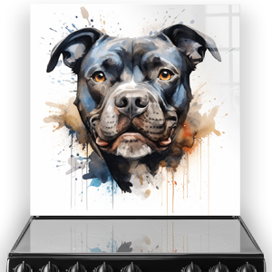 Printed Staffordshire Bull Terrier kitchen splashback with colourful watercolour splashes