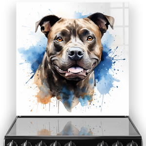 Staffordshire Bull Terrier watercolour art kitchen splashback with blue and sienna accents