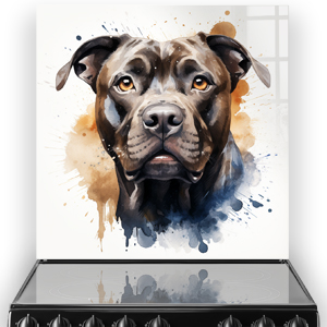 Artistic printed mastiff dog splashback in a kitchen setting, with a blend of brown, white, and blue watercolour tones.