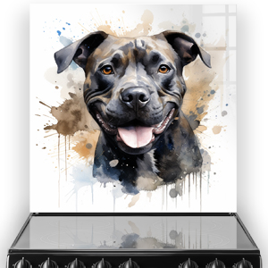 Olive, a smiling Staffordshire Bull Terrier printed on a kitchen splashback, with abstract colour splashes