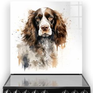 Watercolour painted Cocker Spaniel on a kitchen splashback in beige, brown, and grey tones