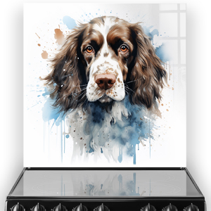 Artistic printed Spaniel dog splashback art in watercolour style with blue and beige tones